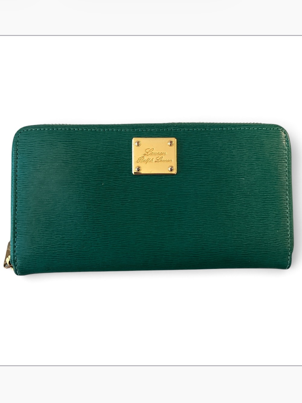 Lauren Ralph Lauren Green Zip-Around Leather Wallet with Gold